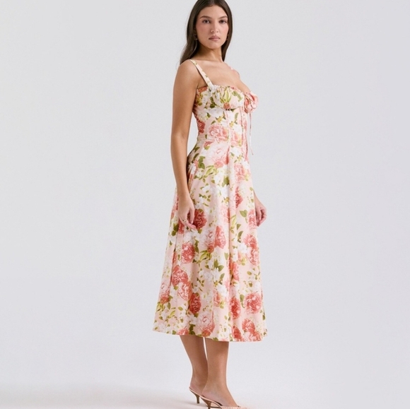Floral Rusched-Bust Corset Waist Fit & Flare Midi Dress w Tie Front Lace-up Back - Picture 17 of 17